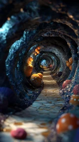 Tunnel interior shows glowing fungi along winding stone path