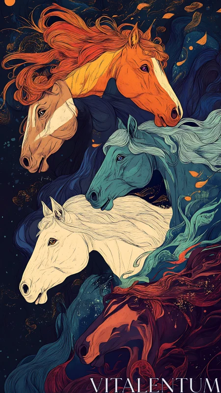 Celestial horses stream upward through swirling painted night