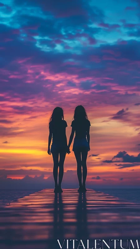 Silhouetted friends hold hands under a radiant sunset sky.