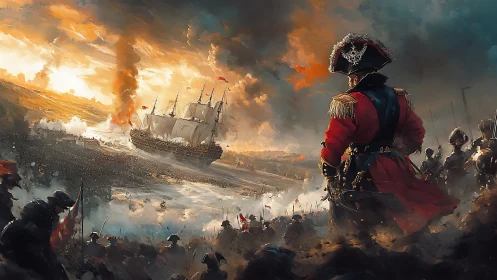 Naval commander observes large warship in coastal battle