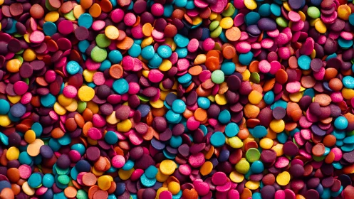Dense closeup of multicolored round candy sprinkles.