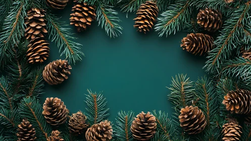 Pine branches and cones framing centered green background.
