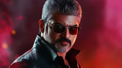 Leather-clad gaze carves neon heat through the smoky glow