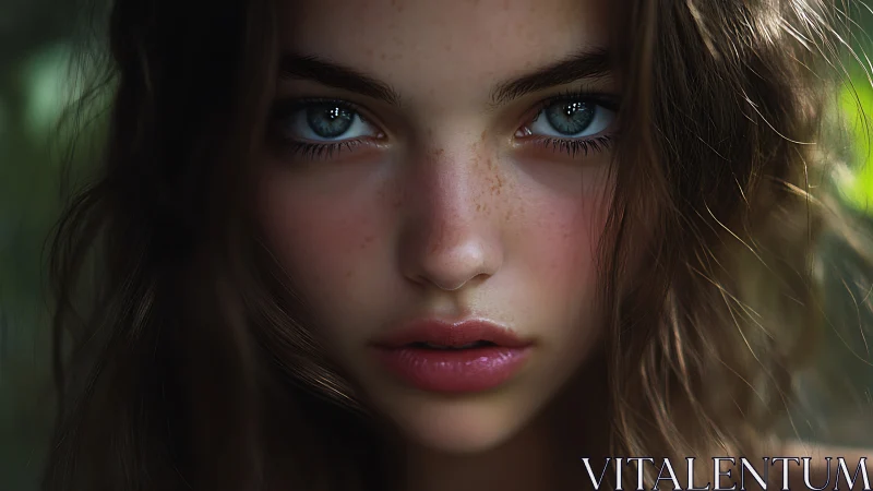 Close frontal portrait of young woman with blue eyes.