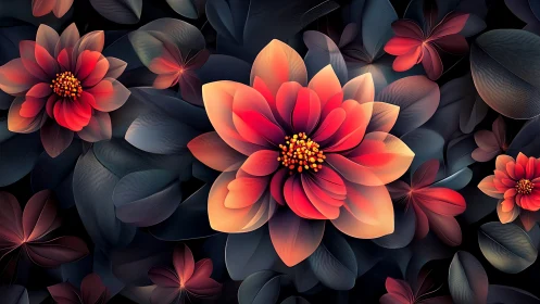 Layered floral composition with gradient-rendered blooms on dark background.