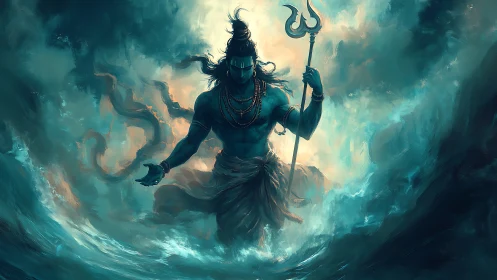 Stormforged deity strides through churning turquoise cosmos.