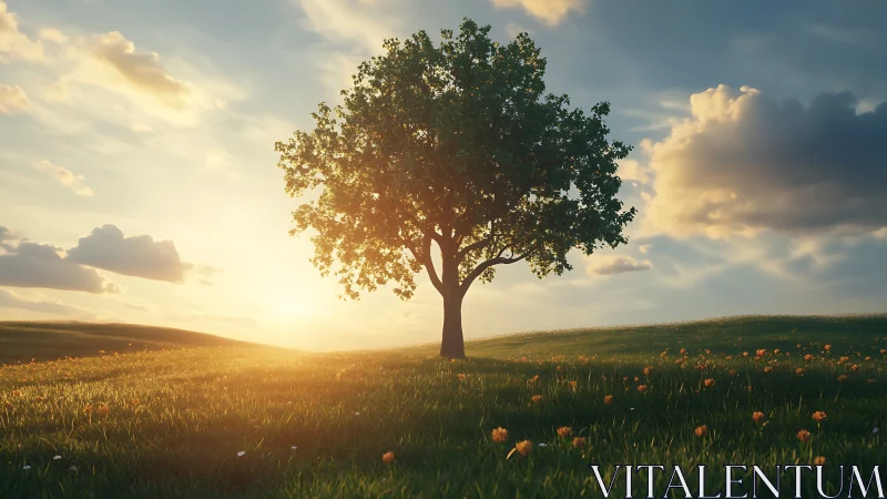 Lone green tree on sunlit meadow under soft clouds.