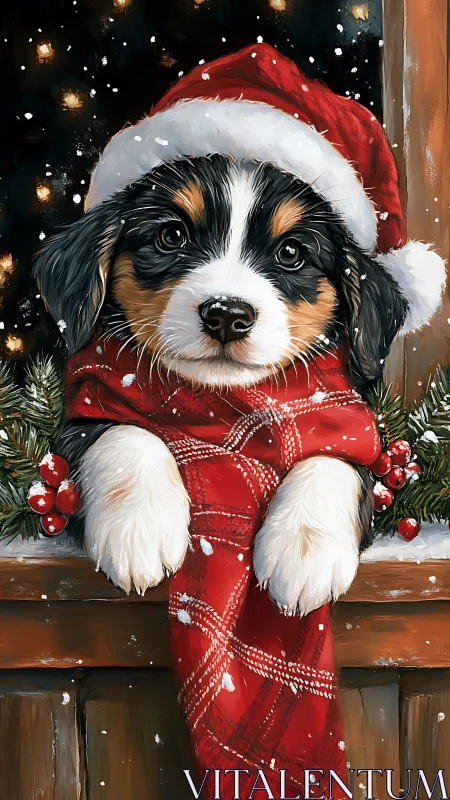 Christmas puppy peers from red stocking by snowy window