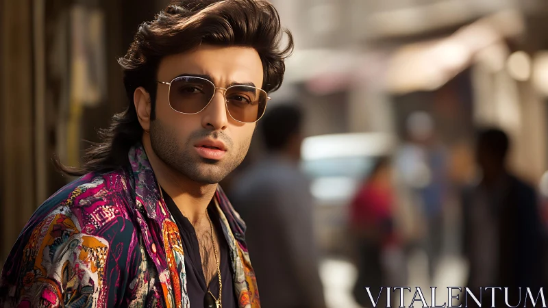 Man in patterned shirt with sunglasses on urban street.
