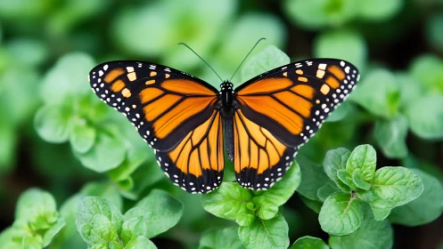 Monarch butterfly with extended dorsal wings on mint foliage