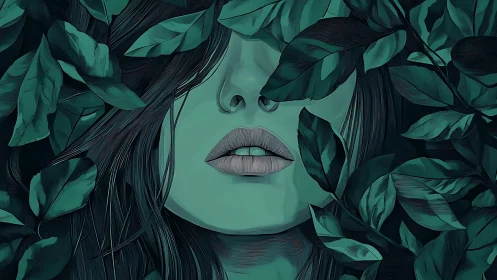 Mystical female portrait merges with lush emerald foliage.
