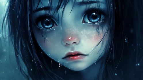 Close frontal view shows wet blue-tinted stylized girl face
