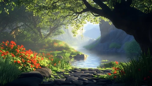 Sunlit forest river with stone path and red wildflowers.
