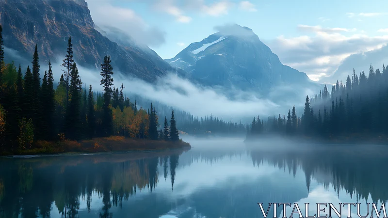 Photorealistic alpine lake landscape with mist symmetry.