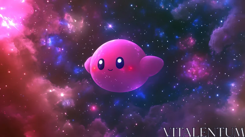 Pink spherical character floating in colorful outer space.