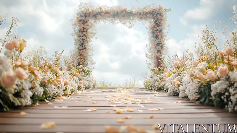 Photorealistic floral wedding archway with leading aisle perspective.