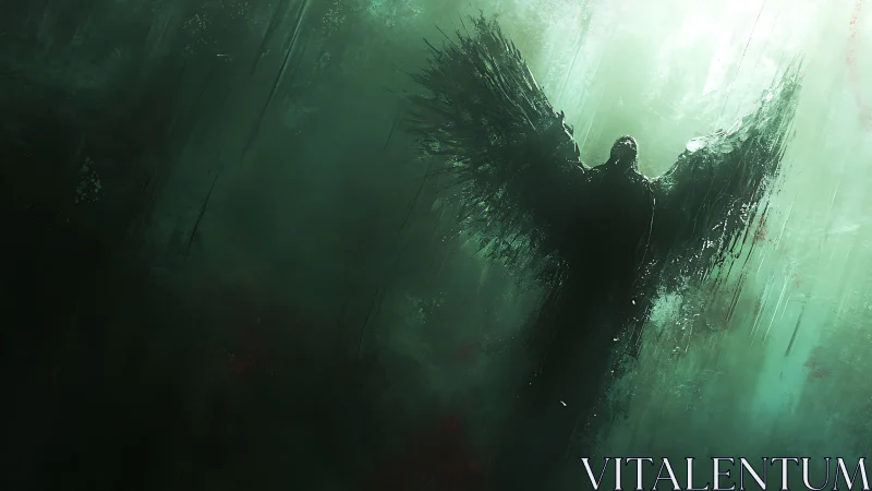 Shadowed winged entity emerges through luminous green haze