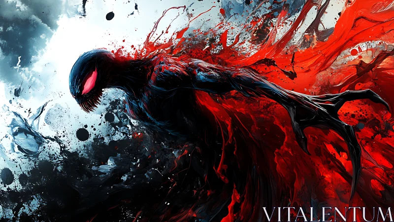 Symbiotic creature lunges through splattered red-black acrylic chaos