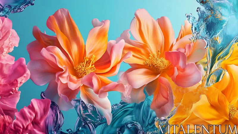 Hybrid Floral Composition: Translucent Petals with Fluid Dynamical Elements