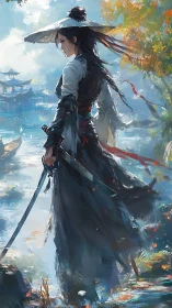 Solitary swordswoman by riverside in stylized landscape.