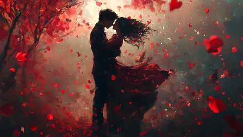 Two Souls Dancing in Crimson Rose Petals. Ethereal Romance.