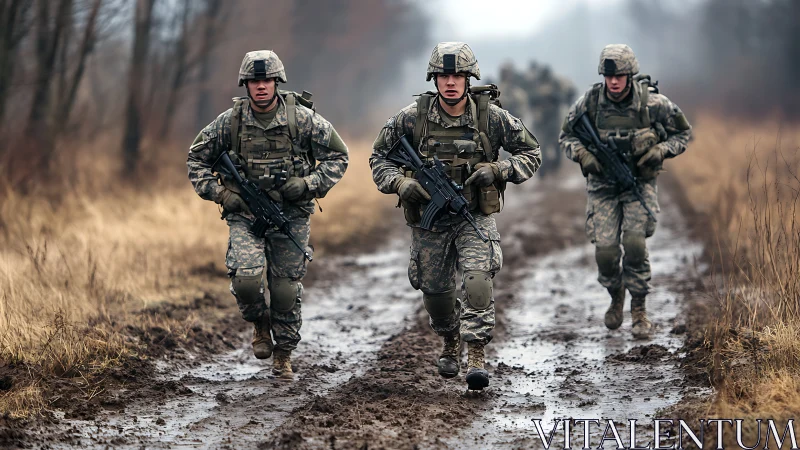 Infantry squad running on muddy rural trail in full combat gear