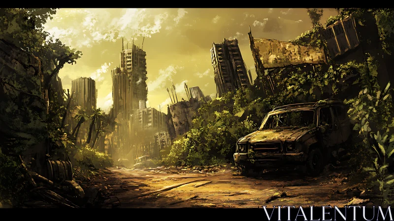 Post-apocalyptic urban ruins reclaimed by dense vegetation