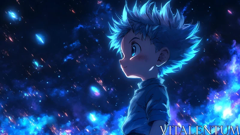 Blue haired anime boy looks into glowing cosmic sky.