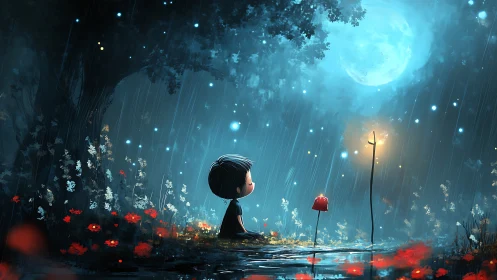 Child watches moonlit rain amid glowing forest pool