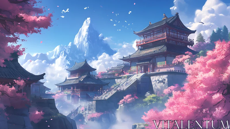 Mountain temple complex amid cherry blossoms and clouds.