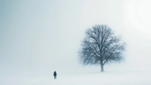 Solitary deciduous tree and lone figure in winter fog landscape.
