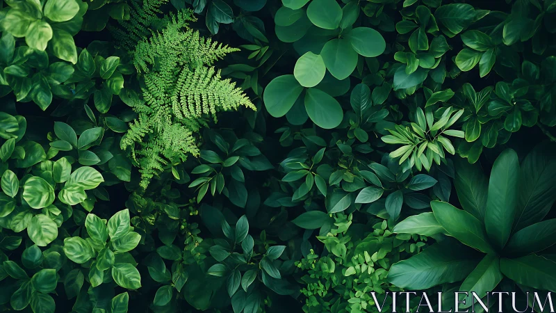 Dense overhead view of assorted tropical green foliage.