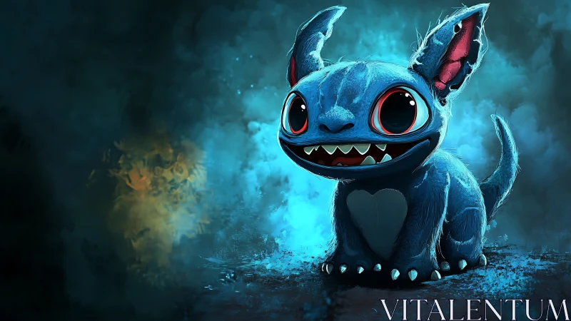 Blue cartoon creature with large eyes on dark textured ground.