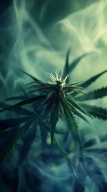 Dreamy cannabis bud glows softly in swirling teal mist