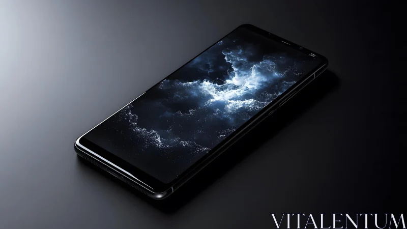 Sleek modern smartphone on dark background with cosmic-themed display.