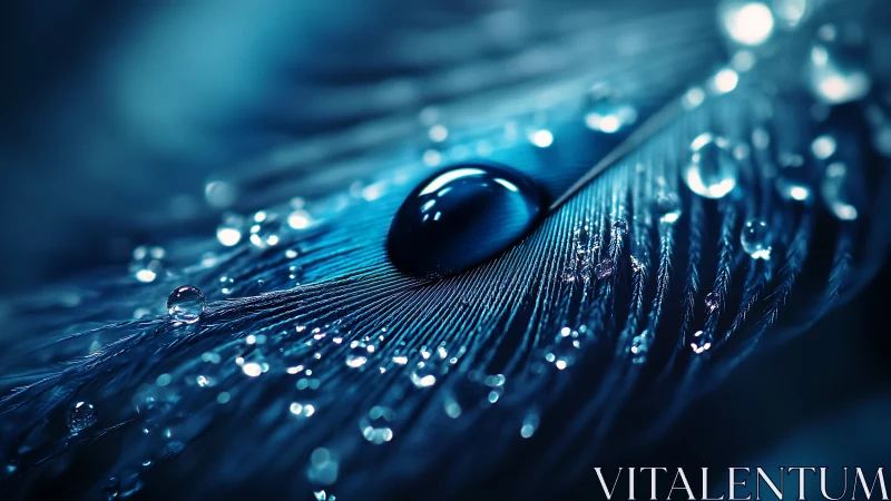 Iridescent feather macro with crystalline water droplets.