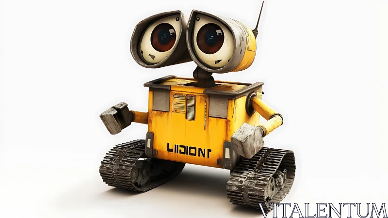 Yellow tracked robot with binocular eyes stands on white background