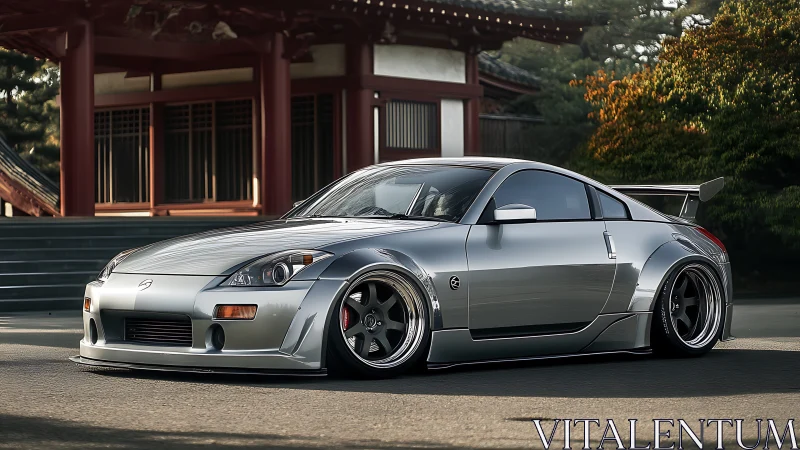 Widebody Nissan Z33 stance car with aero kit in temple courtyard