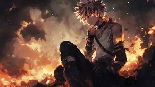 Ember-eyed warrior resting in a storm of rising firelight.