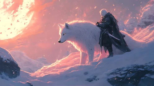 Lone warrior with white dire wolf under radiant winter moon.