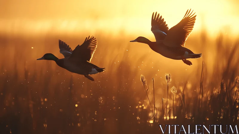 Two Ducks in Flight Over Marsh at Sunrise, Golden Silhouette Scene.