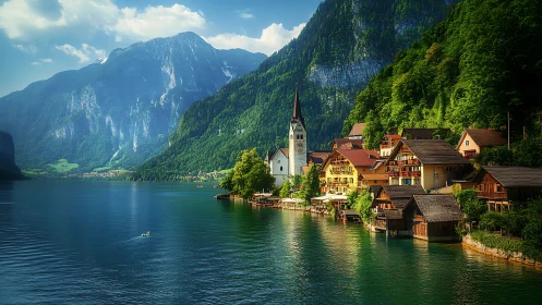 Sunlit lakeside village leans into towering alpine giants