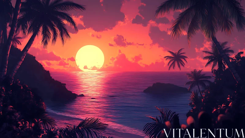 Sunset fills tropical ocean horizon behind silhouetted palms.