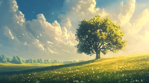 Solitary hilltop tree basks in a wide river of golden light