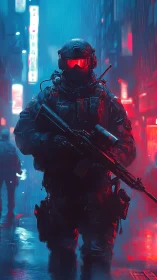 Cyberpunk urban operator under neon rainfall, tactical framing.