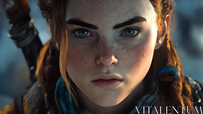 Close digital portrait of freckled red-haired character face.