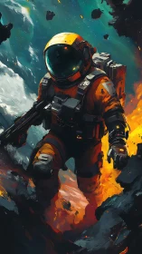 Solitary armored astronaut in fragmented asteroid environment.