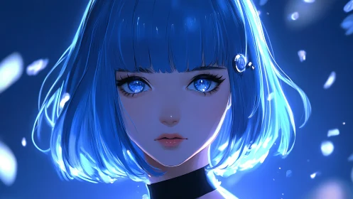 Blue haired anime girl glows with luminous crystal eyes.