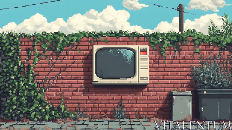 Retro pixel TV on ivy brick wall under bright summer sky.