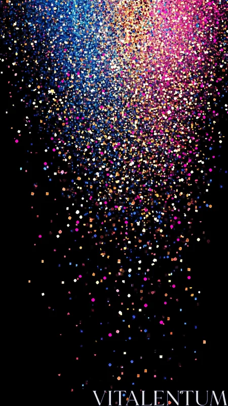 Multicolored digital confetti particles descend on black background